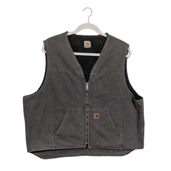 Vintage Y2K Carhartt Sandstone Rugged Vest Sherpa Lined Duck Canvas Dark Gray 3X - Picture 1 of 7